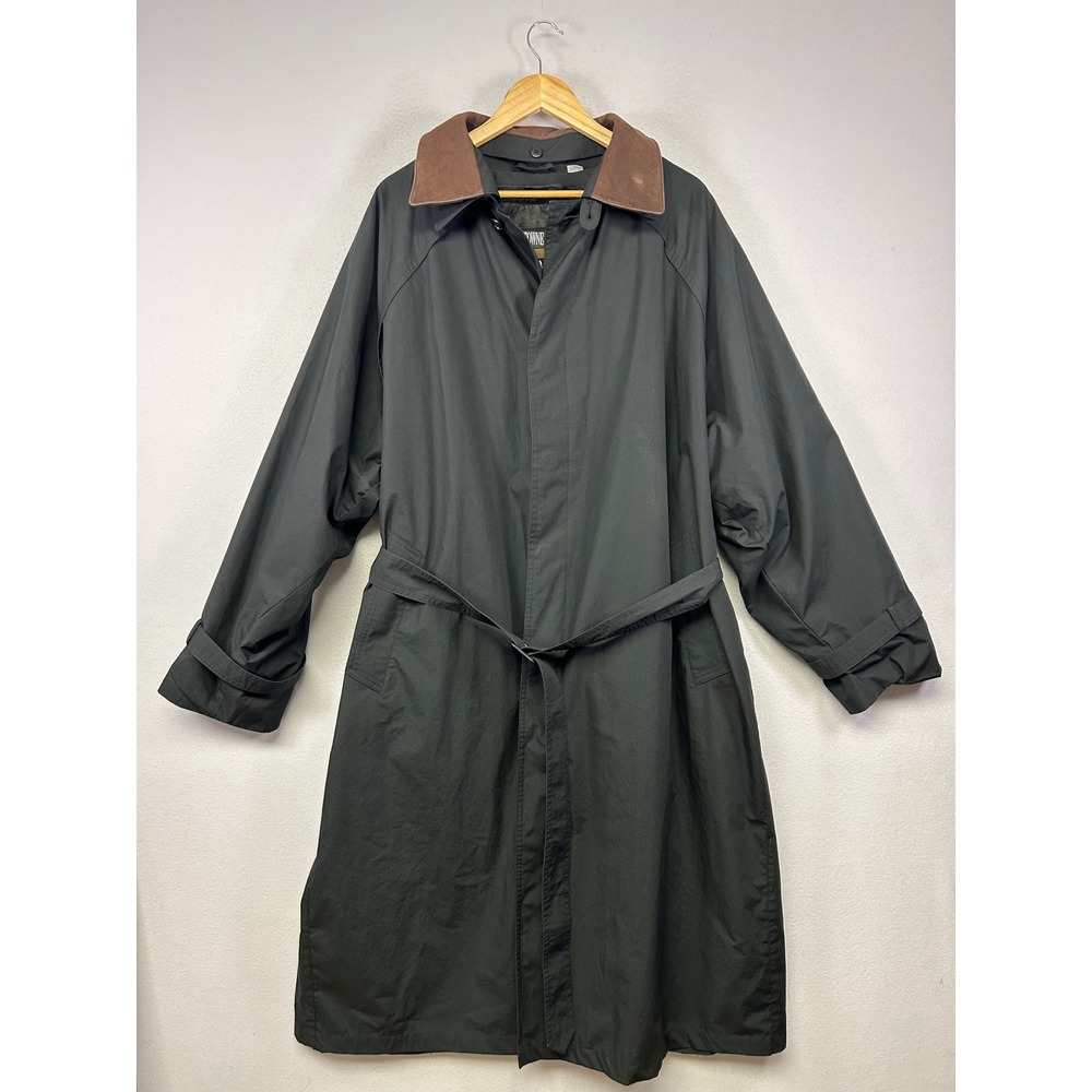 Dark Academia Towne London Fog Mens 46 Reg Black Trench Coat Leather Collar Belt